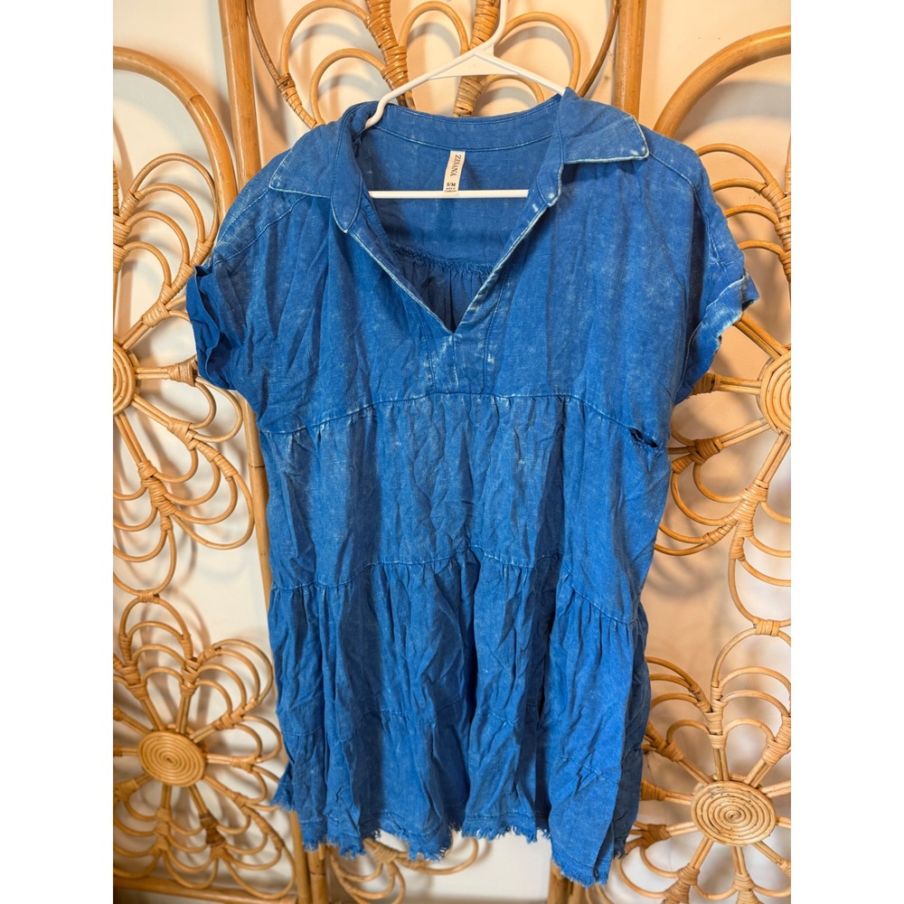 Zenana‎ Blue Mineral Wash Tiered Babydoll Dress Short Sleeve Collared Mini S M